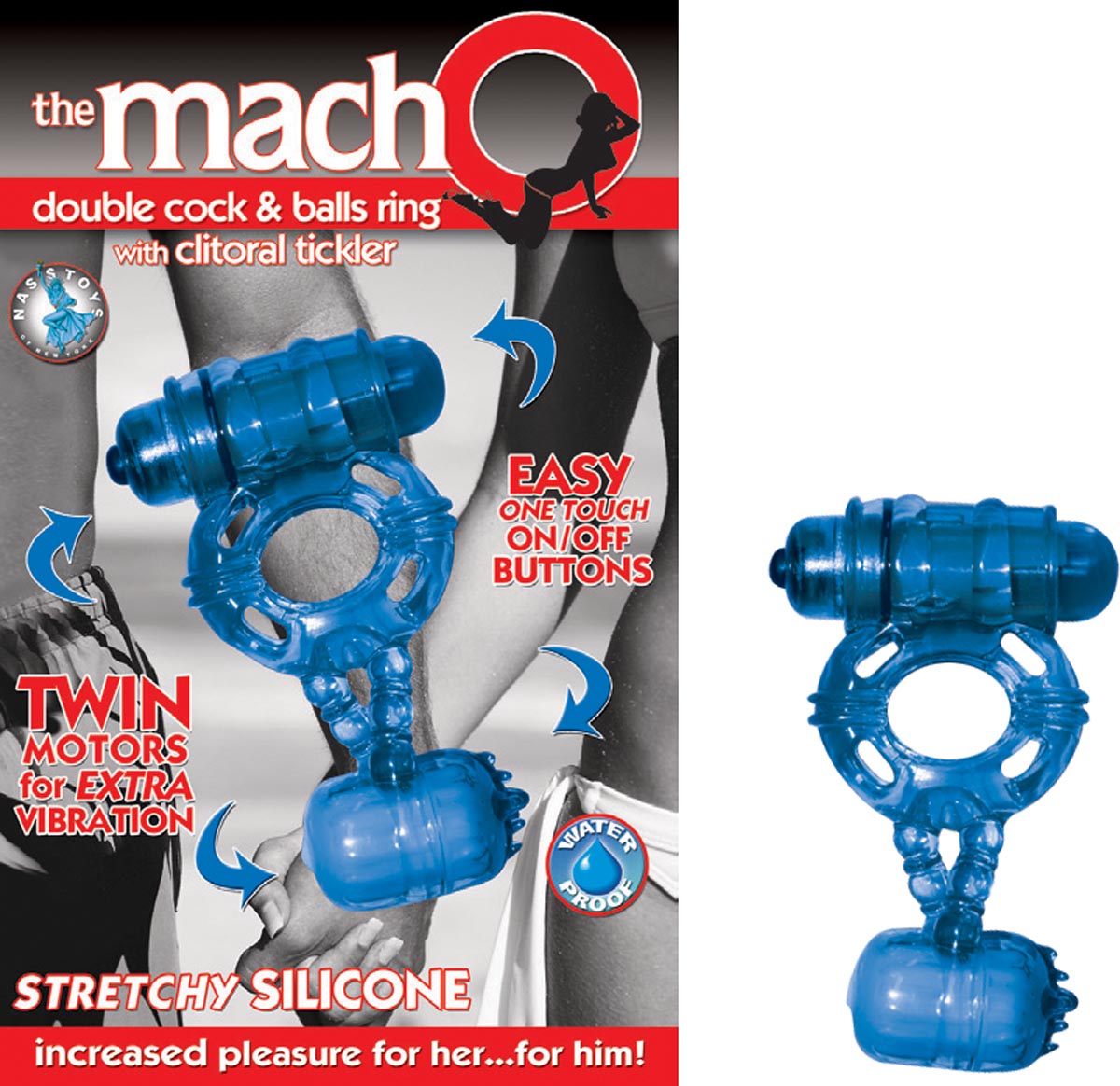 THE MACHO DOUBLE COCK & BALLS RING W/ CLITORAL TICKLER-BLUE