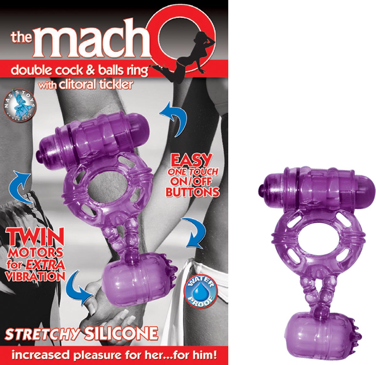 THE MACHO DOUBLE COCK & BALLS RING W/ CLITORAL TICKLER-PURPLE
