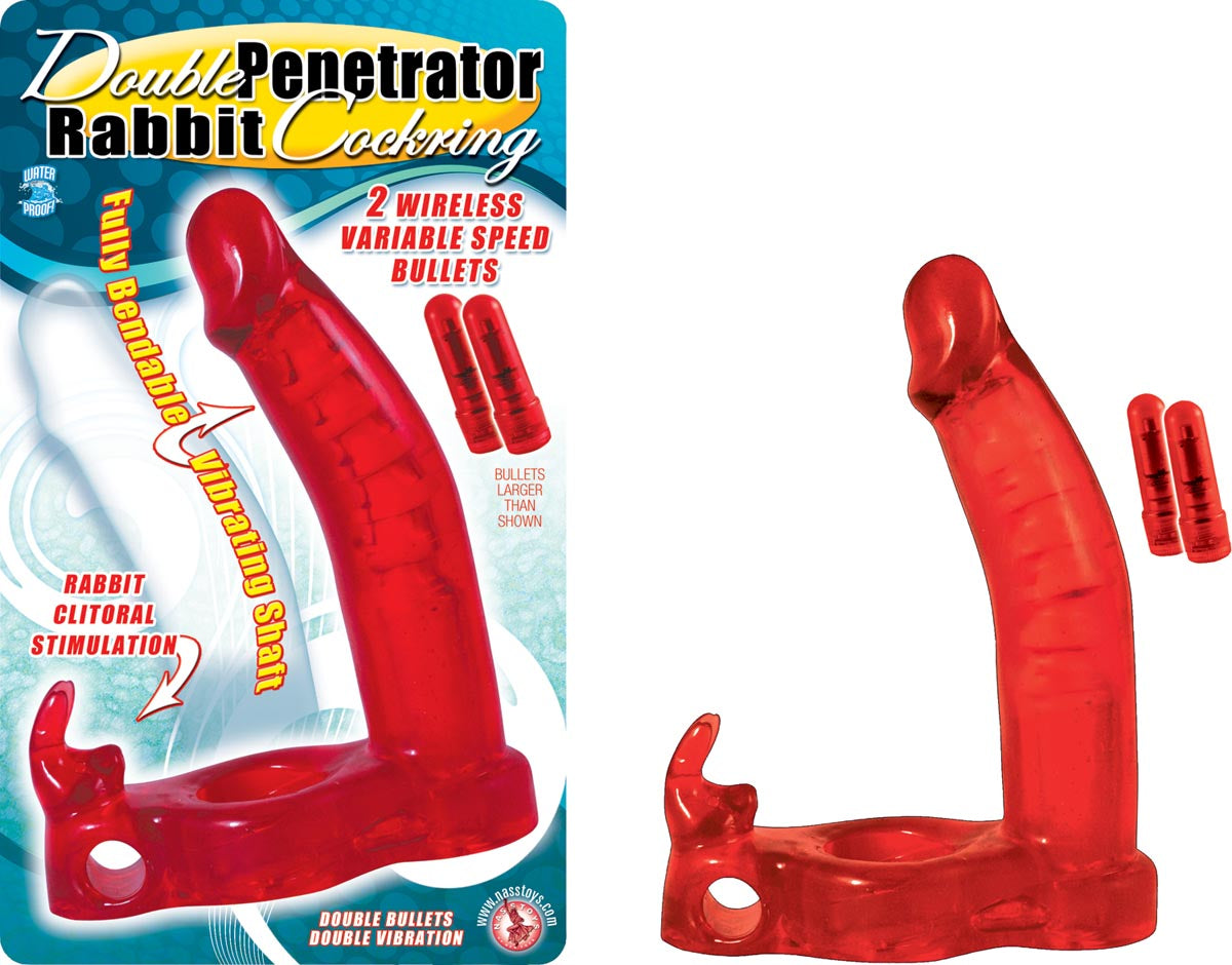 Double Penetrator rabbit cockring - red