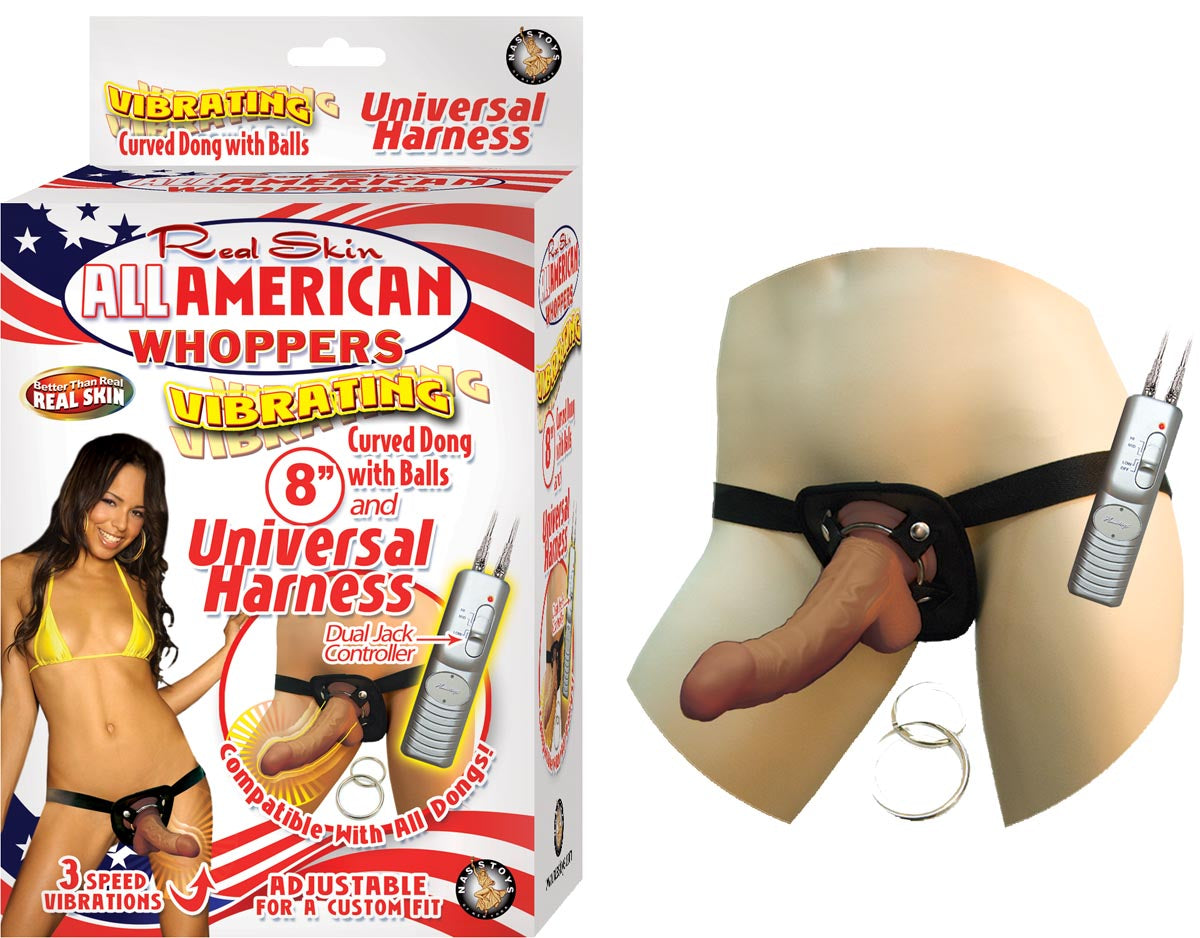 LATIN AMERICAN WHOPPERS VIBRATING 8" DONG WITH UNIVERSAL HARNESS