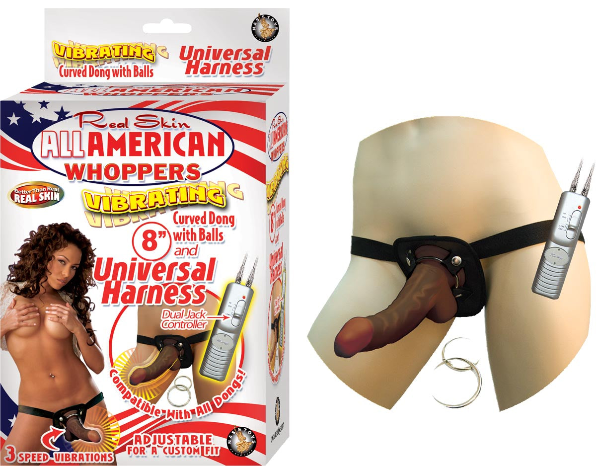 AFRO AMERICAN WHOPPERS VIBRATING 8" DONG WITH UNIVERSAL HARNESS - BROWN