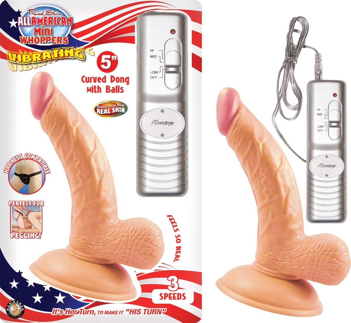 ALL AMERICAN MINI WHOPPERS VIBRATING 5" CURVED DONG W/ BALLS - WHITE