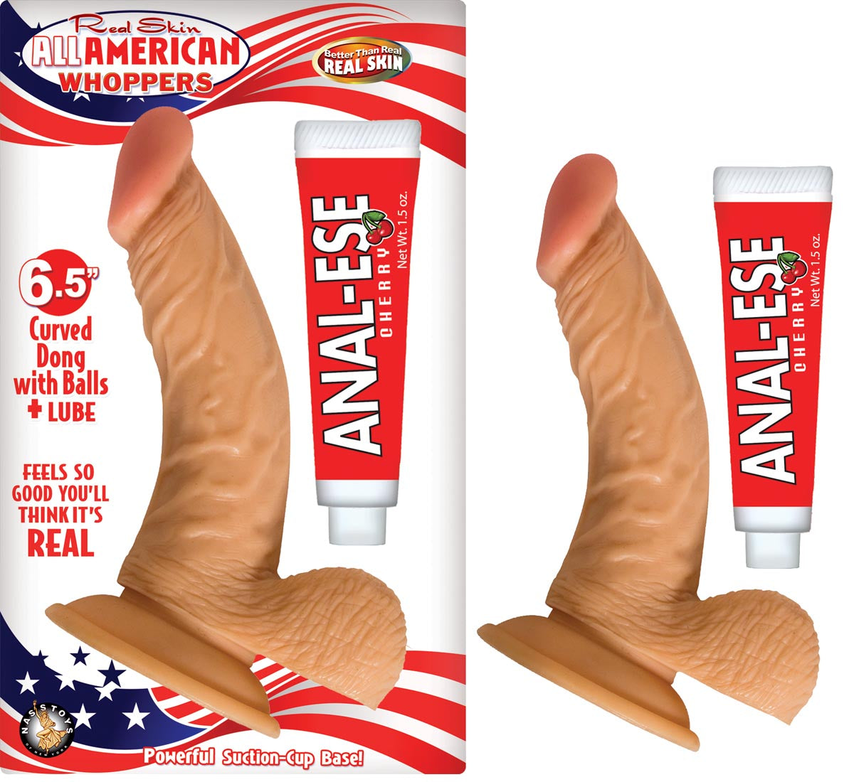 ALL AMERICAN WHOPPERS 6.5" CURVED DONG WITH BALLS + LUBE - WHITE