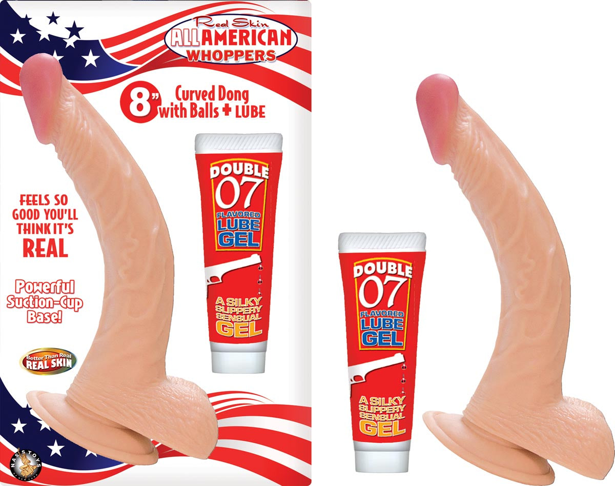 ALL AMERICAN WHOPPERS 8" CURVED DONG WITH BALLS + LUBE - WHITE