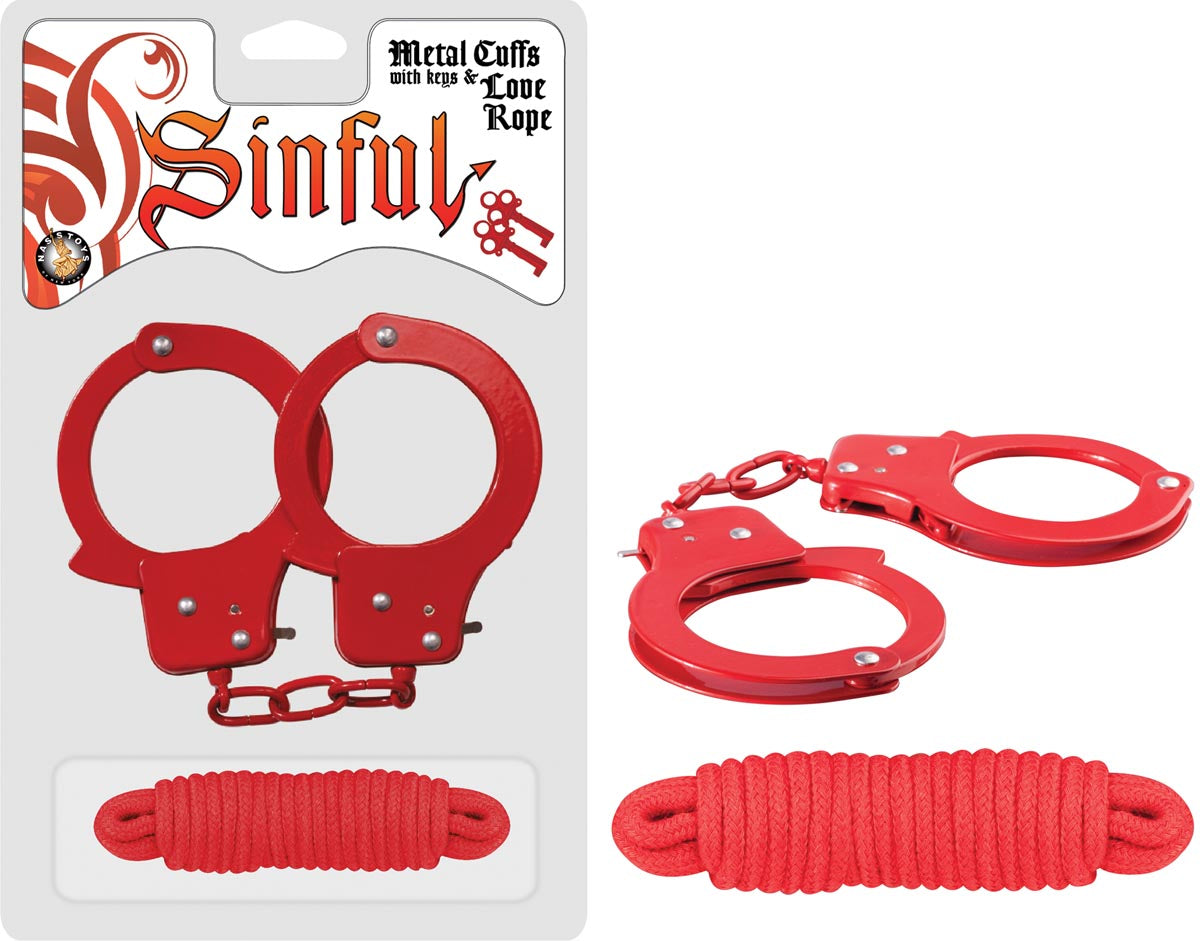 SINFUL METAL CUFFS WITH KEYS & LOVE ROPE - RED