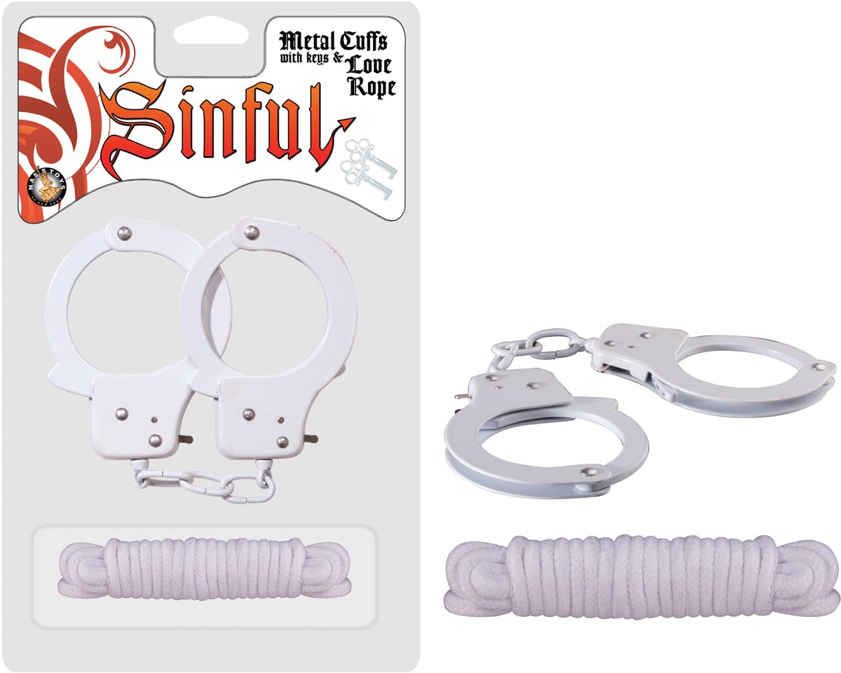 SINFUL METAL CUFFS WITH KEYS & LOVE ROPE - WHITE