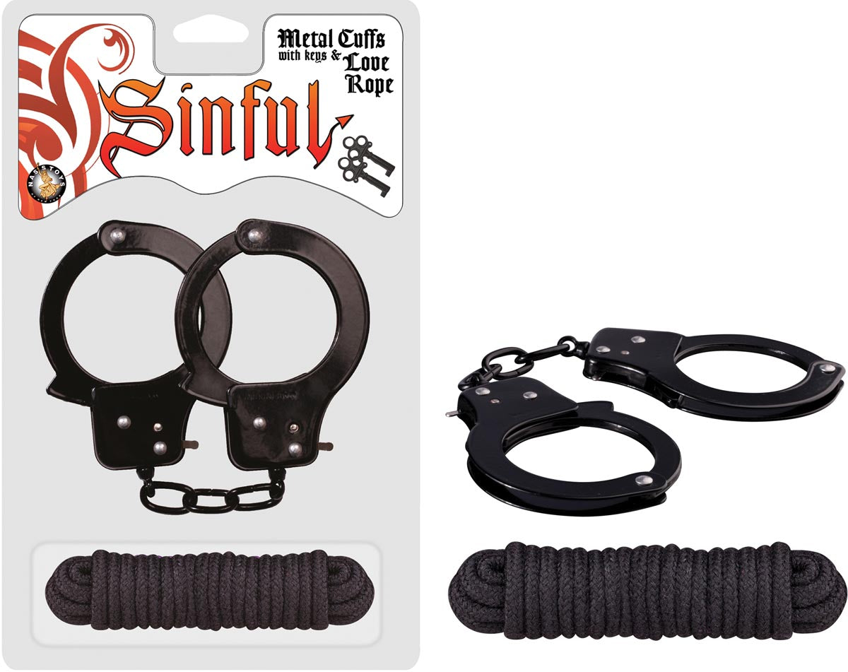SINFUL METAL CUFFS WITH KEYS & LOVE ROPE - BLACK