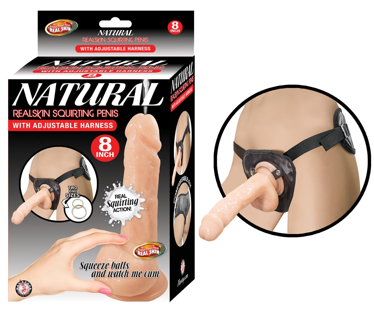NATURAL REALSKIN SQUIRTING PENIS W/ADJUSTABLE HARNESS 8"-WHITE