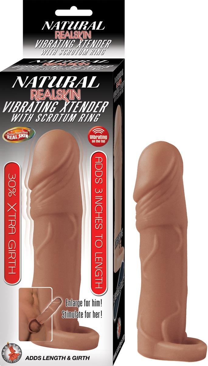 NATURAL REALSKIN VIBRATING XTENDER WITH SCROTUM RING-BROWN