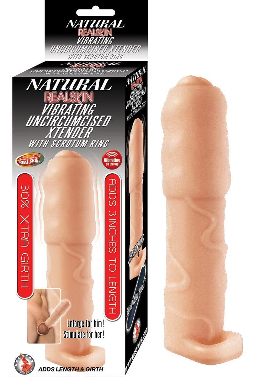 NATURAL REALSKIN VIBRATING UNCIRCUMCISED XTENDER WITH SCROTUM RING-WHITE