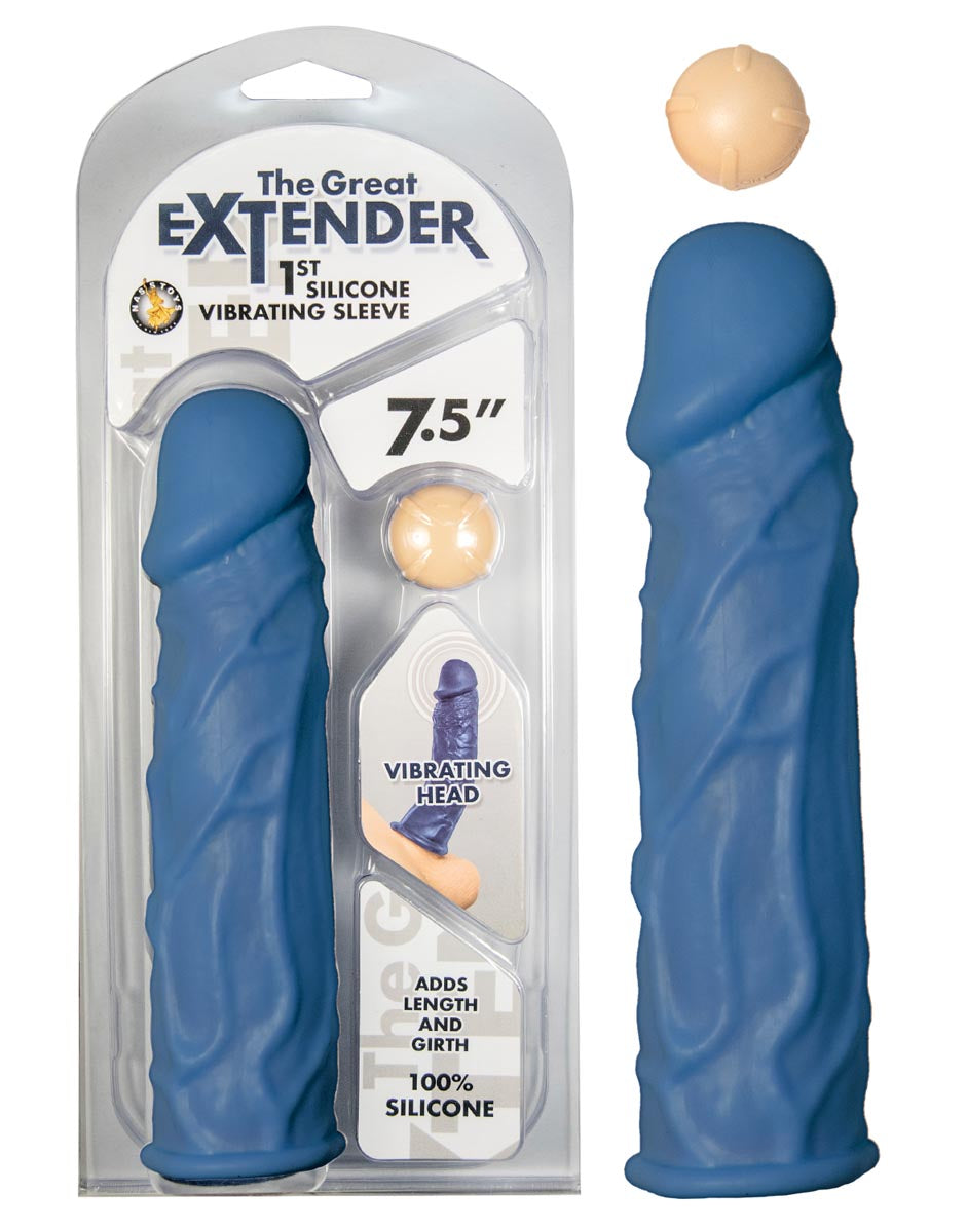 THE GREAT EXTENDER 1ST SILICONE VIBRATING SLEEVE 7.5" - BLUE