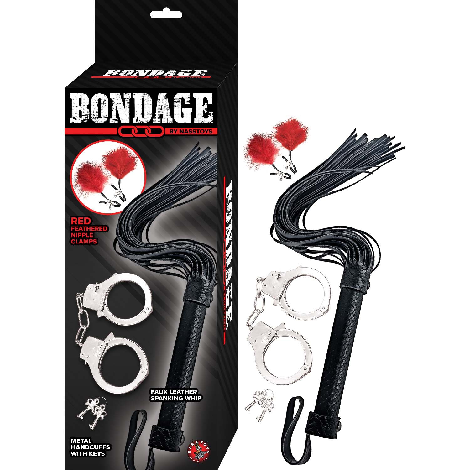 BONDAGE BY NASSTOYS WHIP, FEATHER & CUFFS-RED