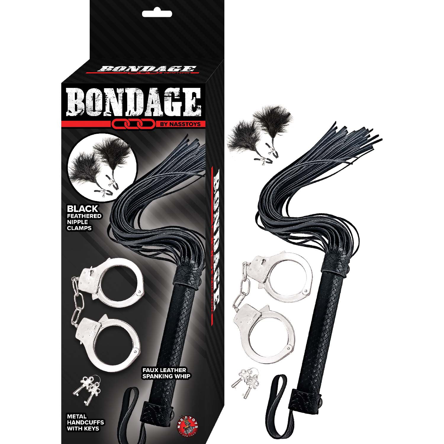 BONDAGE BY NASSTOYS WHIP, FEATHER & CUFFS-BLACK