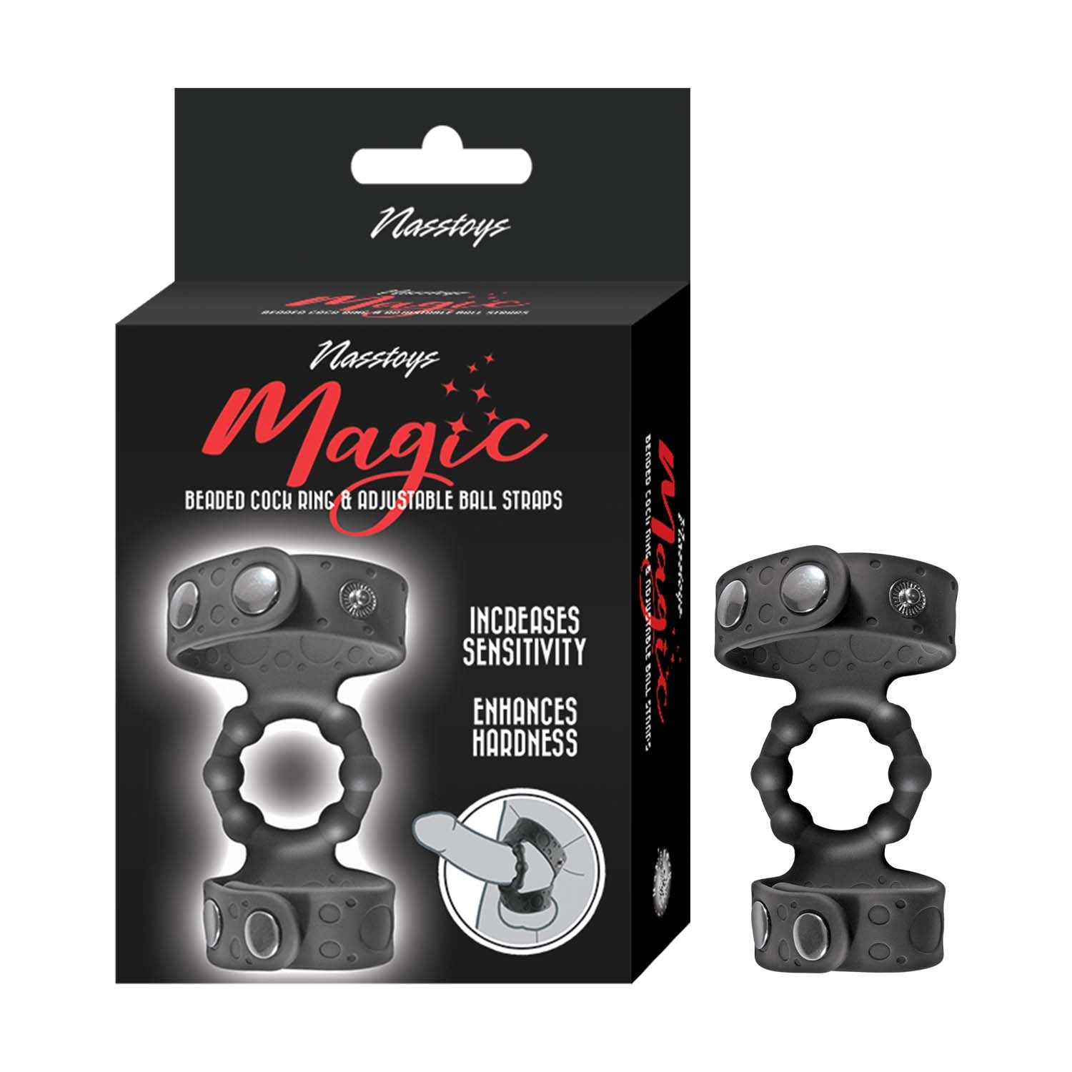 MAGIC BEADED COCK RING & ADJUSTABLE BALL STRAPS-BLACK