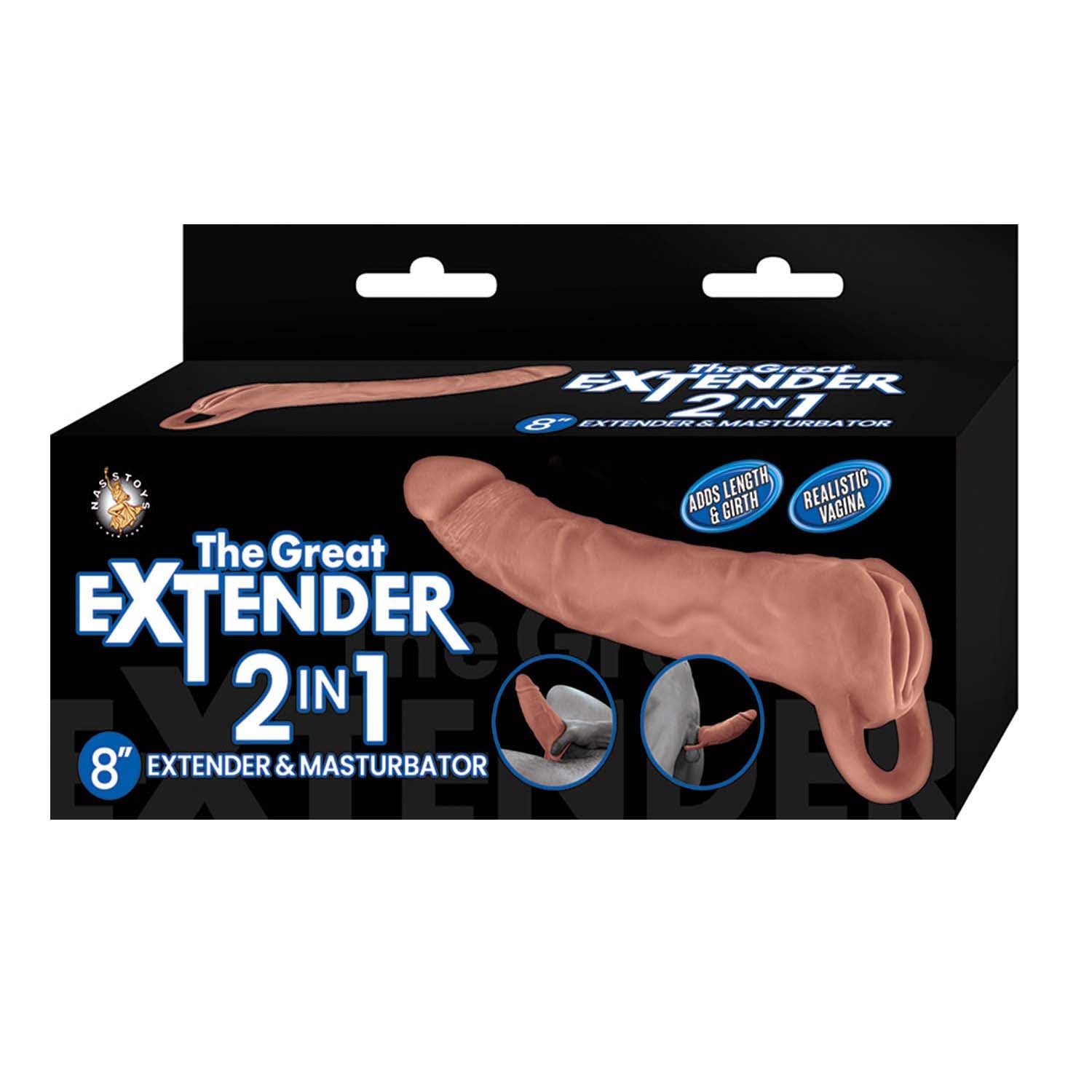 THE GREAT EXTENDER 2 IN 1 8" EXTENDER & MASTURBATOR-BROWN